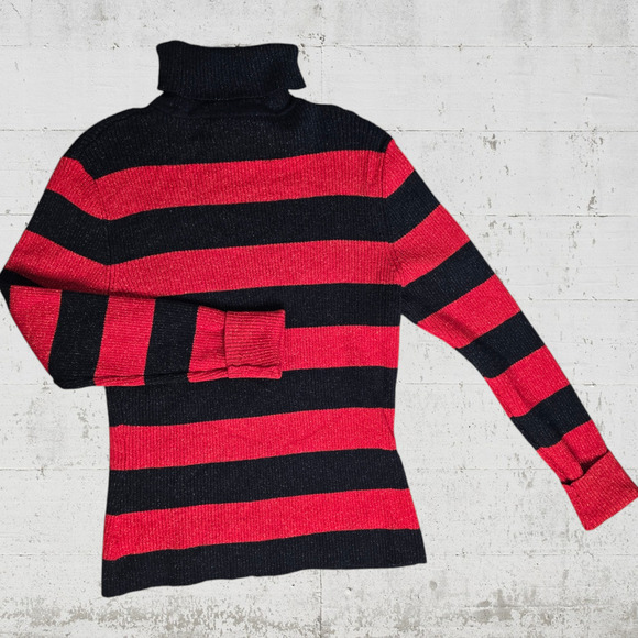 Y2K Red Black Stripe Glitter Metallic Ribbed Knit Turtleneck Sweater Size Medium - Picture 8 of 8
